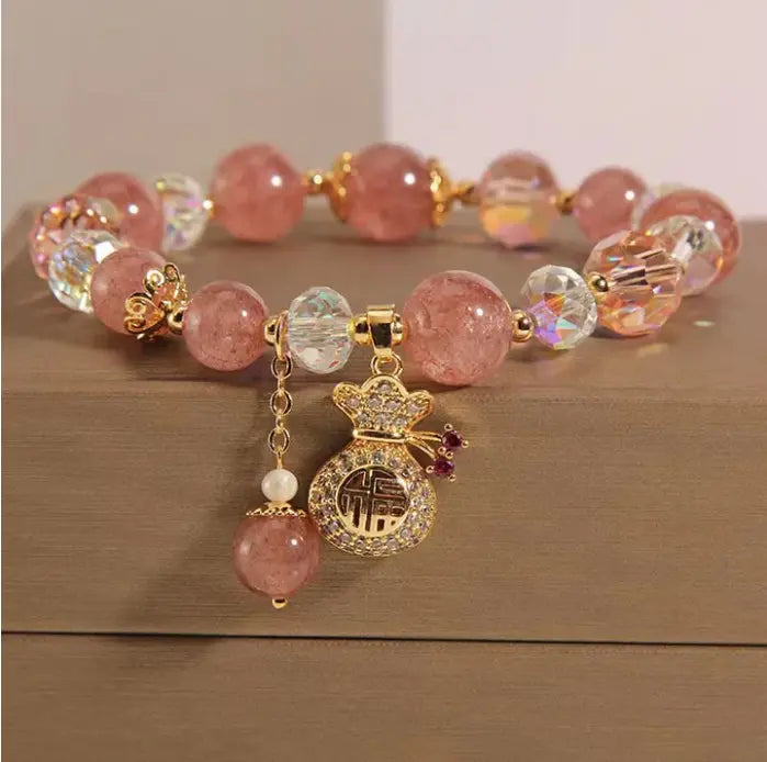 Love Healing Natural Strawberry Quartz Crystal Money Bag Charm Positive Bracelet Buddha padmasana