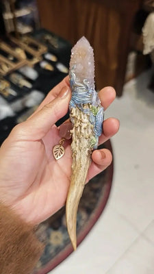 Elven Crystal Antler Wand | Handcrafted Magick Tool with Amethyst Cluster & Spiritual Charms Buddha padmasana