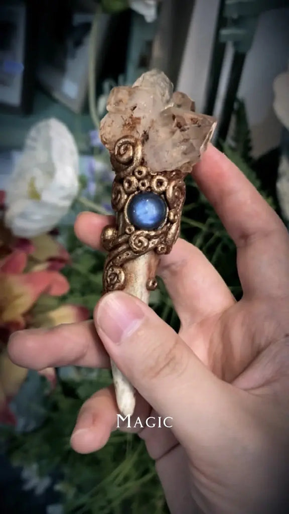 「Lunar Quartz Shamanic Wand」Handcrafted Crystal Energy Totem for Rituals & Spiritual Awakening Buddha padmasana