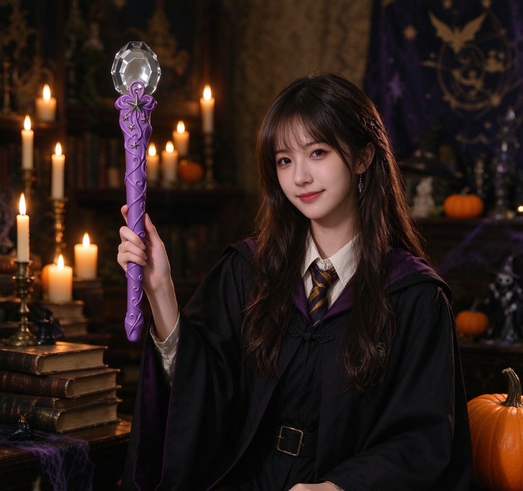 A woman in a wizard robe holding a wand, surrounded by candlelight, old books, and pumpkins in a magical atmosphere.
