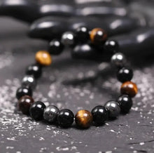 Load image into Gallery viewer, Buddha Padmasana Triple Protection Bracelet - Tiger’s Eye, Obsidian, Hematite Buddha padmasana