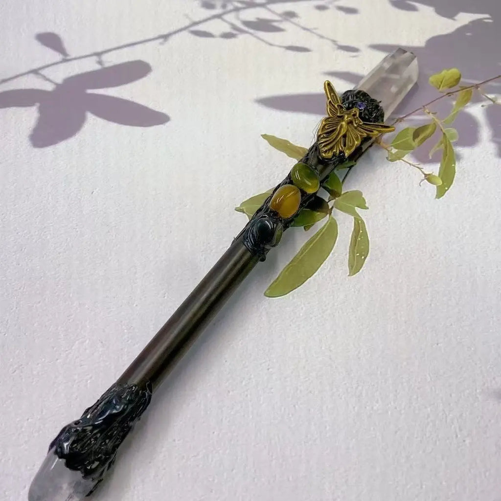 15" Crystal Magic Wand, Handmade Custom Harry Wands, Natural Crystal Quartz Magic Scepter, Witch Wand, Wizard Staff, Crystal Gifts for Kids Buddha padmasana