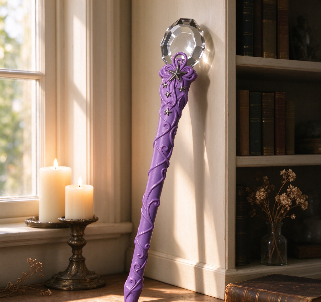 Magic wand leaning against a bookshelf, with candles, dried flowers, and old books, in soft natural afternoon light.