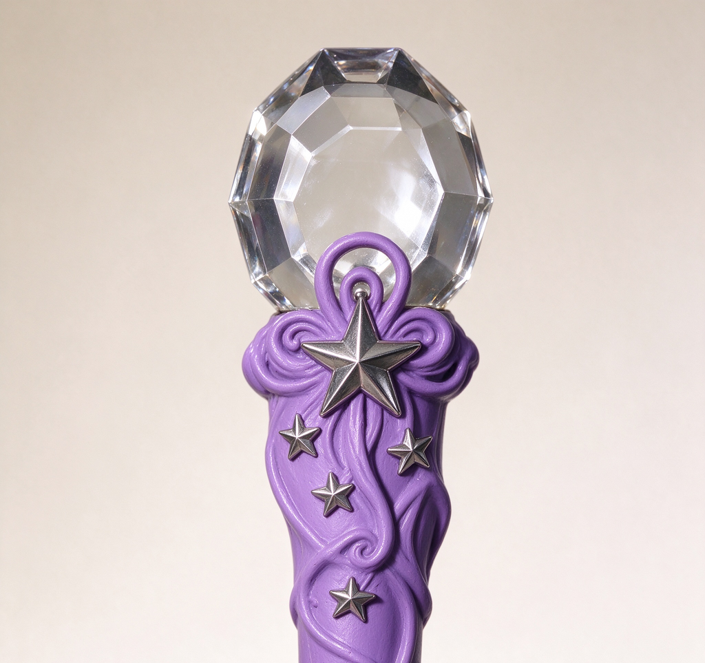 Macro close-up shots of the crystal gemstone, the silver star, and the carved details.