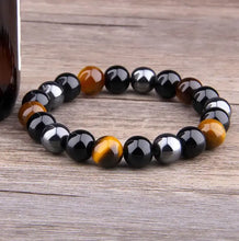 Load image into Gallery viewer, Buddha Padmasana Triple Protection Bracelet - Tiger’s Eye, Obsidian, Hematite Buddha padmasana
