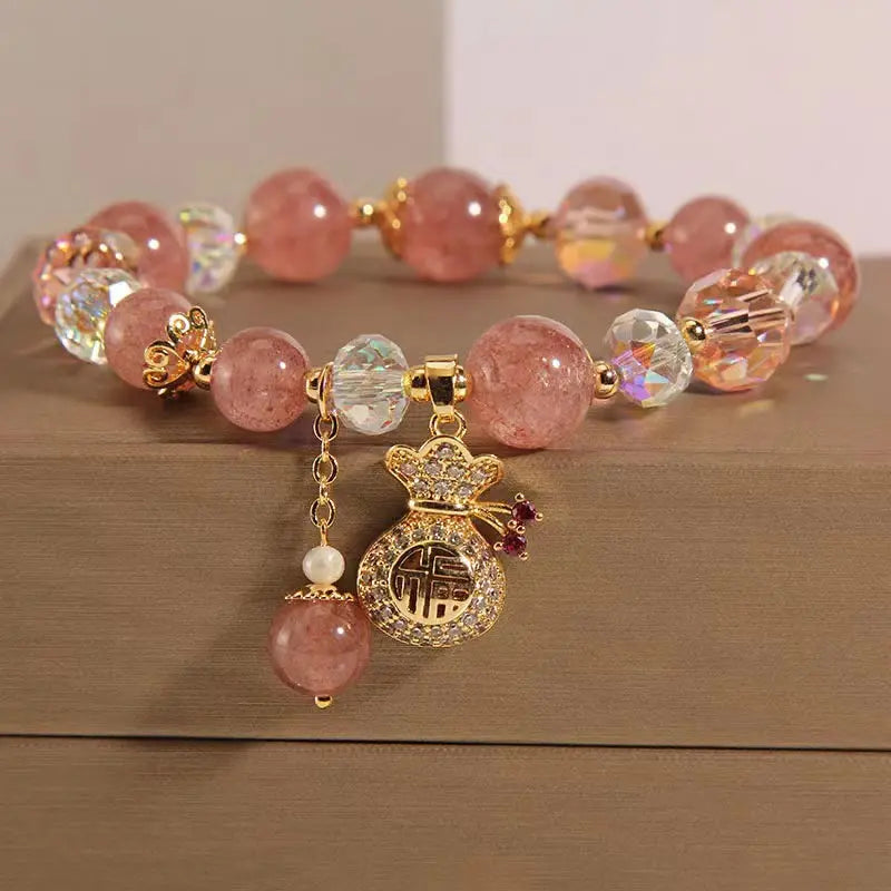 Buddha Padmasana Natural Strawberry Quartz Crystal Money Bag Charm Positive Bracelet - Buddha padmasana
