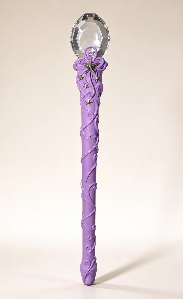 Light beige studio background. Full view of the wand, vertically centered, with the carving, silver star, and crystal rendered in sharp detail.