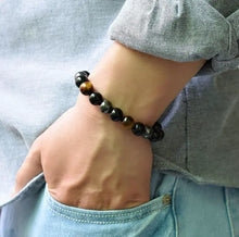 Load image into Gallery viewer, Buddha Padmasana Triple Protection Bracelet - Tiger’s Eye, Obsidian, Hematite Buddha padmasana