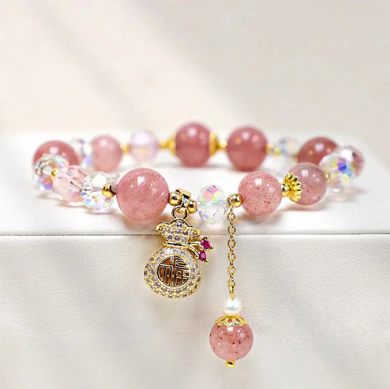 Buddha Padmasana Natural Strawberry Quartz Crystal Money Bag Charm Positive Bracelet - Buddha padmasana