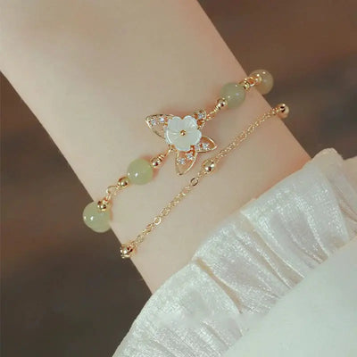 Buddha Padmasana 14K Gold Plated Jade Butterfly Tridacna Stone Flower Double Layer Luck Bracelet - Buddha padmasana