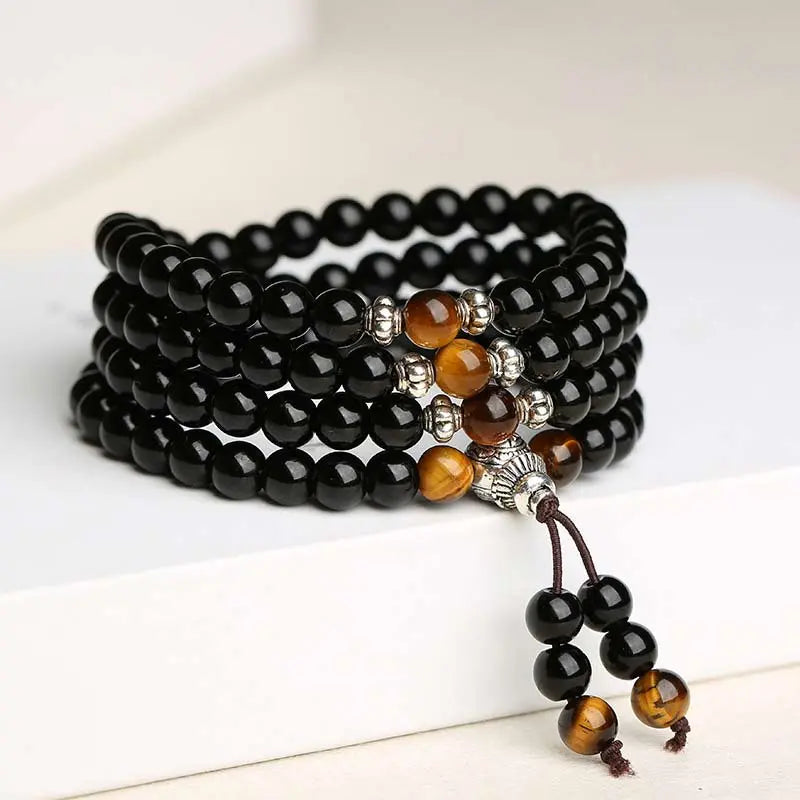Buddha Padmasana Black Obsidian Tiger Eye Blessing Mala Bracelet Buddha padmasana
