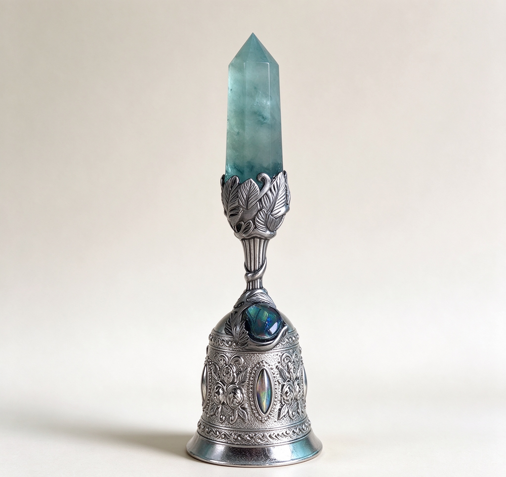 Handcrafted silver filigree bell with natural blue-green fluorite crystal column, iridescent gemstone accent and leaf-shaped holder, displayed on a clean beige studio background – crystal bell wind chime for home décor