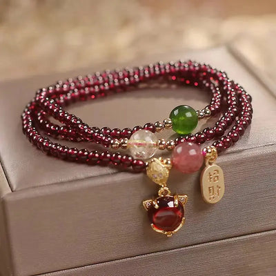 Buddha Padmasana Natural Garnet Strawberry Quartz Crystal Fox Koi Fish Peace Buckle Fortune Protection Triple Wrap Bracelet - Buddha padmasana