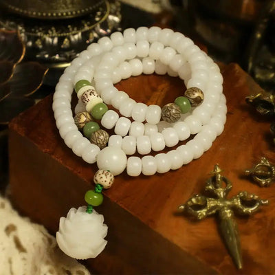 Buddha Padmasana White Jade Bodhi Lotus Mala Harmony Necklace Bracelet Buddha padmasana