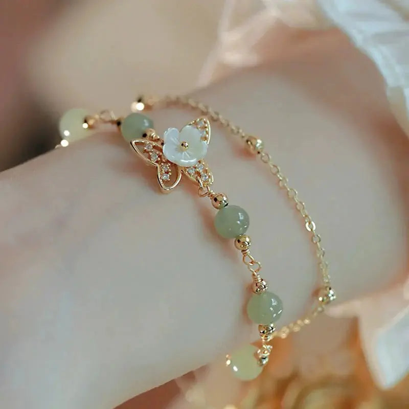 Buddha Padmasana 14K Gold Plated Jade Butterfly Tridacna Stone Flower Double Layer Luck Bracelet - Buddha padmasana