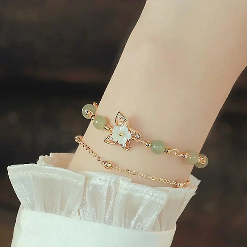 Buddha Padmasana 14K Gold Plated Jade Butterfly Tridacna Stone Flower Double Layer Luck Bracelet - Buddha padmasana