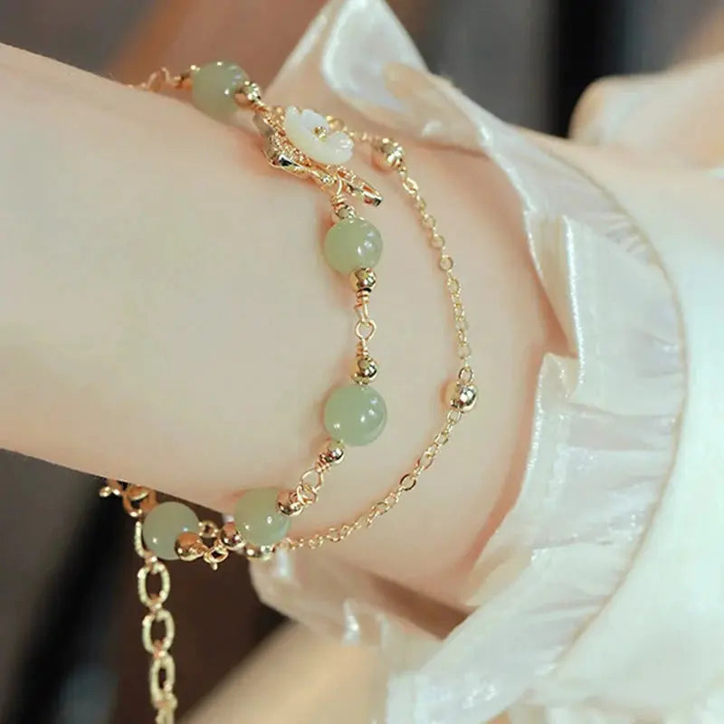 Buddha Padmasana 14K Gold Plated Jade Butterfly Tridacna Stone Flower Double Layer Luck Bracelet - Buddha padmasana