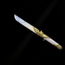 Load image into Gallery viewer, Close-up macro shot of the ornate golden wing crossguard and textured opal blade, showcasing the divine craftsmanship and luminescent finish.