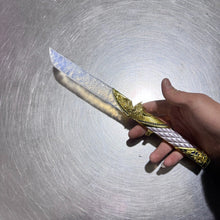 Load image into Gallery viewer, Full view of the 13.8 inch (35 cm) Dark Star Angel Dagger held in hand, demonstrating its substantial scale and lightweight feel as a collector's artisan prop