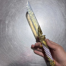 Load image into Gallery viewer, Dark Star: Angel Edition Dagger - Premium hand-forged replica with iridescent opal-inspired blade and solid gold metal hilt, isolated on pure black background.