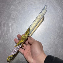 Load image into Gallery viewer, Full view of the 13.8 inch (35 cm) Dark Star Angel Dagger held in hand, demonstrating its substantial scale and lightweight feel as a collector's artisan prop