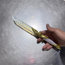 Load image into Gallery viewer, Dark Star: Angel Edition Dagger - Premium hand-forged replica with iridescent opal-inspired blade and solid gold metal hilt, isolated on pure black background.