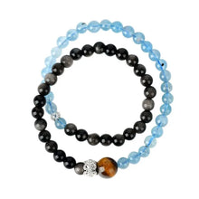 Load image into Gallery viewer, Buddha Padmasana Aquamarine, Silver Sheen Obsidian, and Tiger&#39;s Eye Double Strand Bracelet Buddha padmasana
