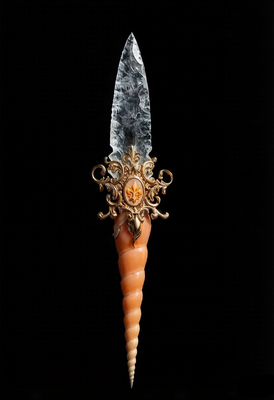 Elegant side profile of the Ocean Tide Athame dagger on a black background, highlighting the spiral glass handle and bronze embellishments