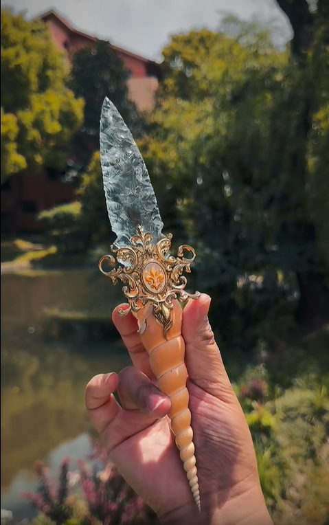 Macro close-up of the dagger's hilt, featuring a genuine ammonite fossil, shimmering abalone shell, and an ornate bronze cap