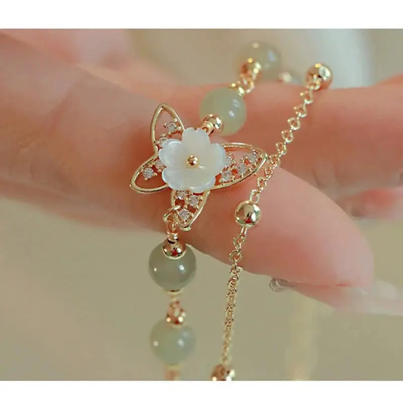 Buddha Padmasana 14K Gold Plated Jade Butterfly Tridacna Stone Flower Double Layer Luck Bracelet - Buddha padmasana