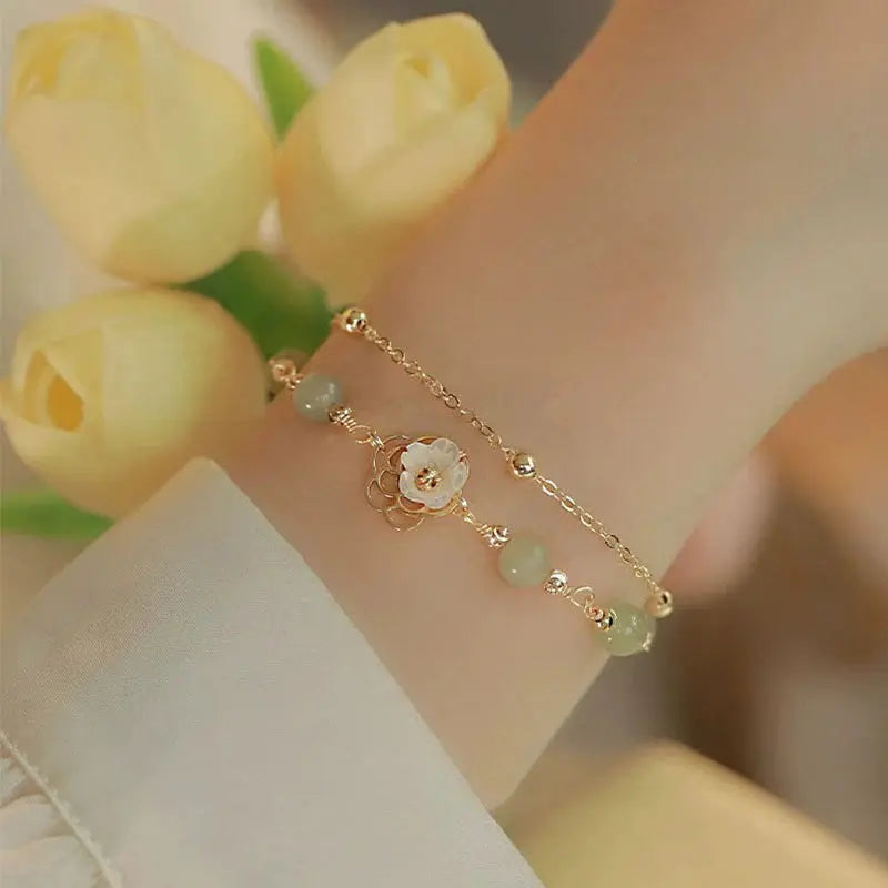 Buddha Padmasana 14K Gold Plated Jade Butterfly Tridacna Stone Flower Double Layer Luck Bracelet - Buddha padmasana