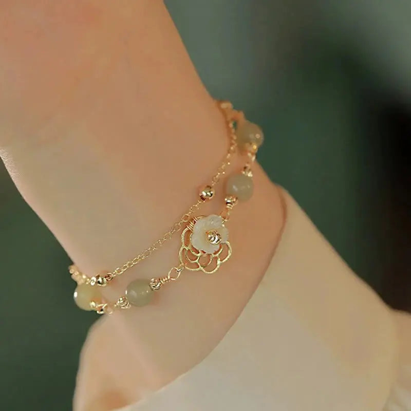 Buddha Padmasana 14K Gold Plated Jade Butterfly Tridacna Stone Flower Double Layer Luck Bracelet - Buddha padmasana