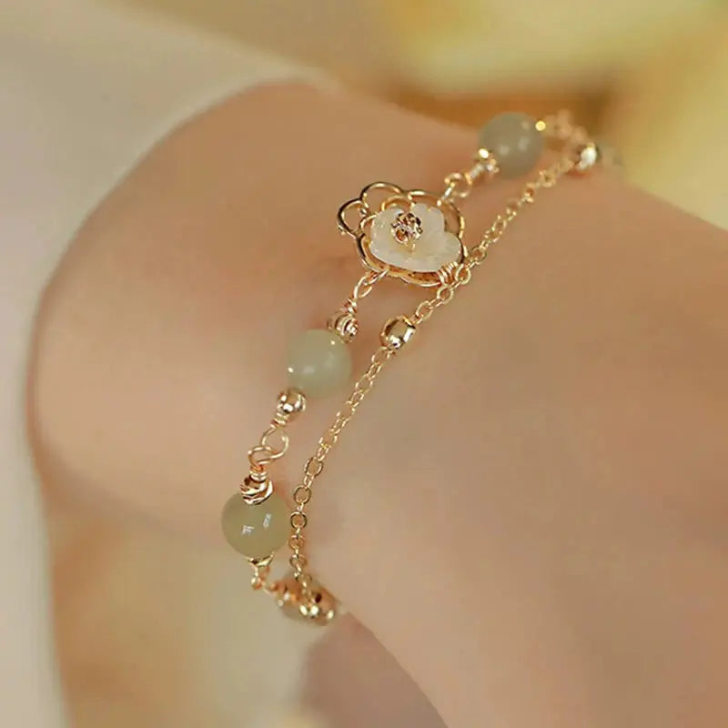 Buddha Padmasana 14K Gold Plated Jade Butterfly Tridacna Stone Flower Double Layer Luck Bracelet - Buddha padmasana