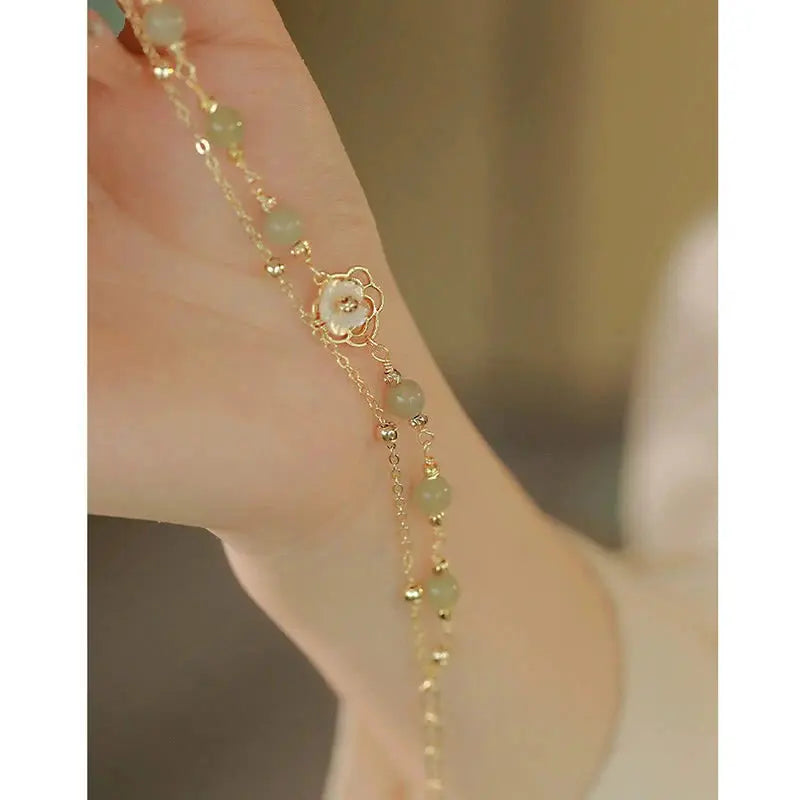 Buddha Padmasana 14K Gold Plated Jade Butterfly Tridacna Stone Flower Double Layer Luck Bracelet - Buddha padmasana