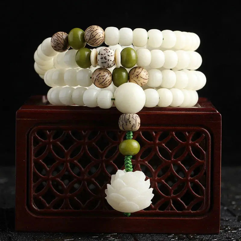 Buddha Padmasana White Jade Bodhi Lotus Mala Harmony Necklace Bracelet Buddha padmasana