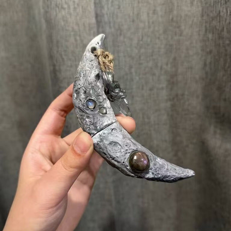 Silver Crescent Moon Witchblade with Gemstones. Original handmade design with 3D moon texture and crystal embellishments. Perfect for spiritual practices.