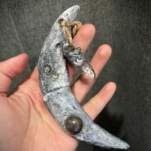 Load image into Gallery viewer, Silver Crescent Moon Witchblade with Gemstones. Original handmade design with 3D moon texture and crystal embellishments. Perfect for spiritual practices.