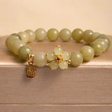 Buddha Padmasana Green Jade Flower Fu Character Charm Luck Buddha Bracelet