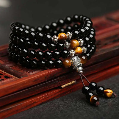 Buddha Padmasana Black Obsidian Tiger Eye Blessing Mala Bracelet Buddha padmasana