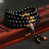 Buddha Padmasana Black Obsidian Tiger Eye Blessing Mala Bracelet